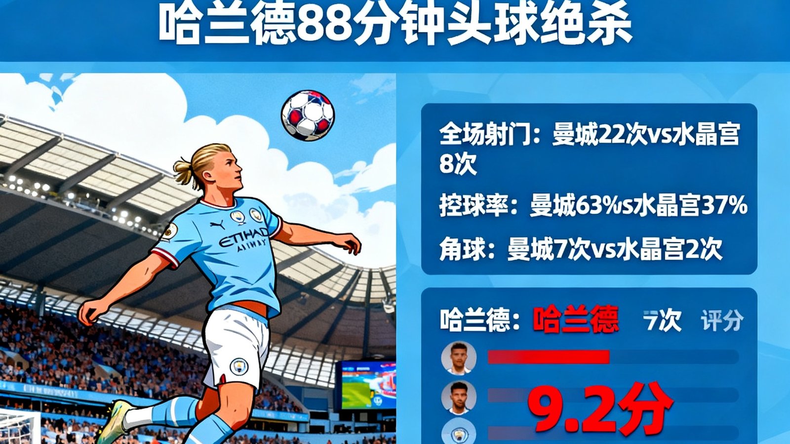 曼城对阵水晶宫赛后战报，哈兰德第88分钟头球绝杀，全场数据射门22次